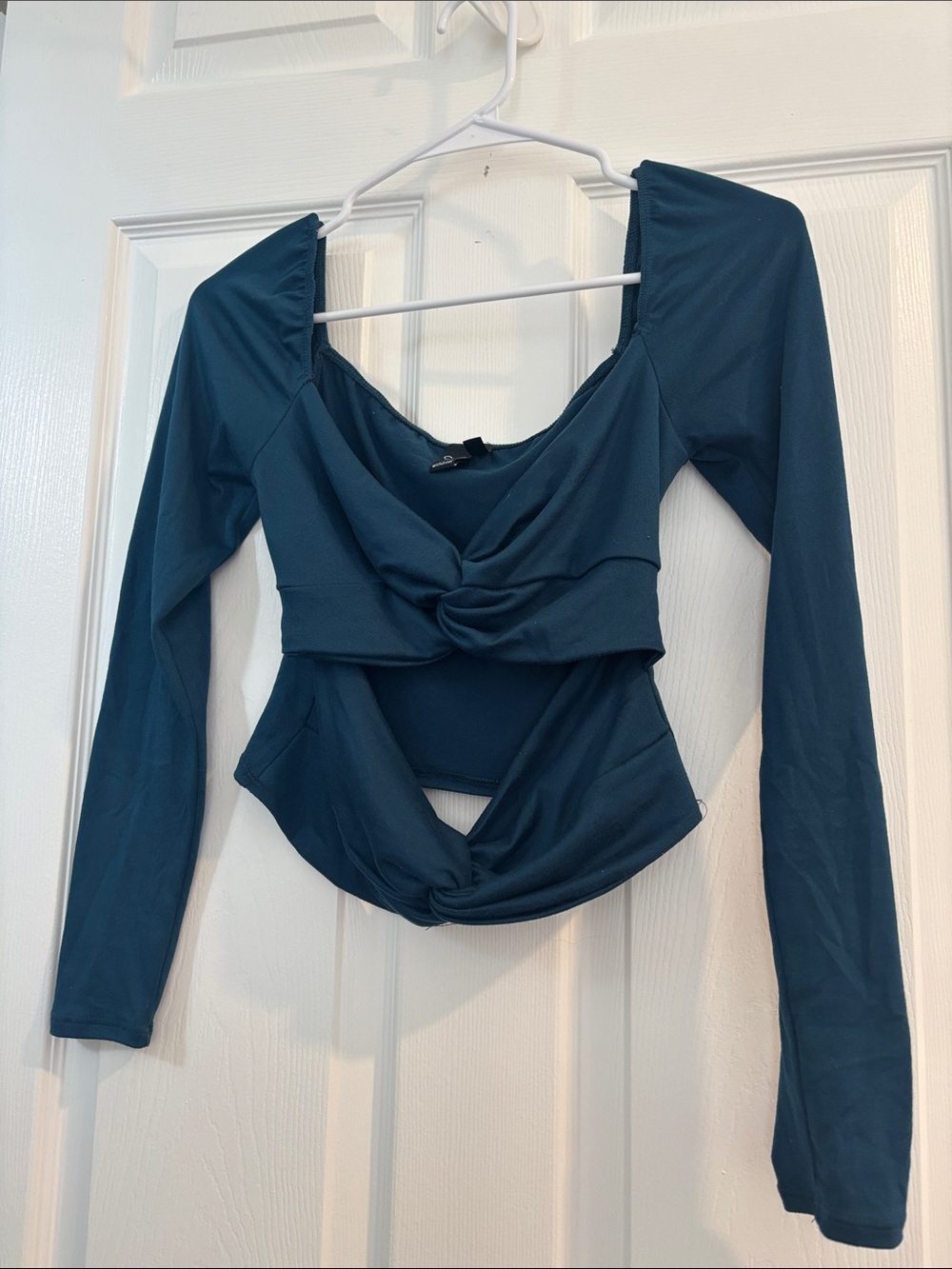 Windsor Teal Long Sleeve Twist-Front Crop Top